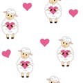 Seamless pattern cute sheep valentines day hearts illustration vector